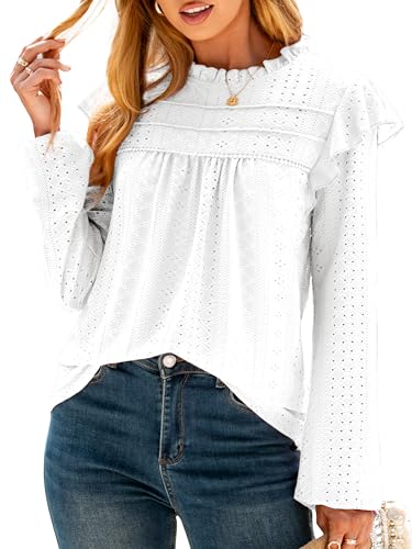 Glamaker Women's Long Sleeve Blouses Ruffle Eyelet Crochet Tops Dressy Casual Western Shirts 2025 Spring Fall Outfits