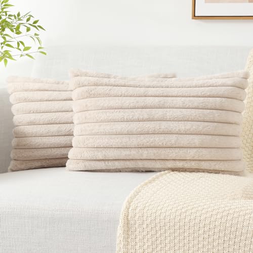 Image of Pallene Faux Fur Plush Lumbar Throw Pillow Covers 12x20 Set of 2, Luxury Soft Fluffy Striped Decorative Pillow Covers for Sofa, Couch, Living Room, Apricot