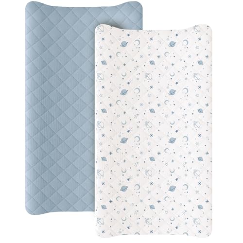 Image of Konssy Waterproof Muslin Changing Pad Cover 2 Pack, Quilted Cotton Fitted Diaper Changing Table Cover, Soft Changing Pad Sheets for Girls Boys (Star,Blue)