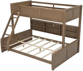 Full XL Over Queen Bunk Bed with Storage, Modern Wood Bunk Bed with Storage Cabinets and USB Ports for Kids Teens Adults, Space-Saving, No Box Spring Needed, Antique Wood