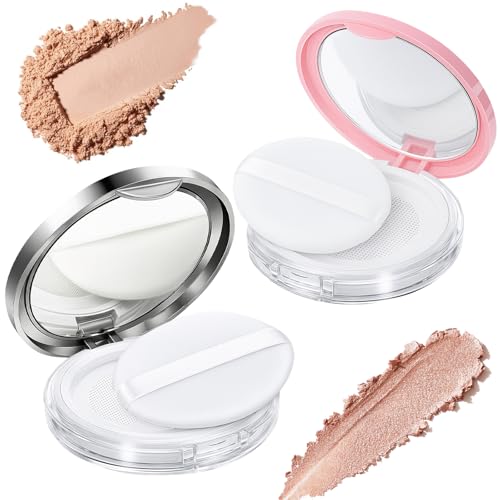 Tokusatsu 2-Pack Refillable Loose Powder Container with Puff & Mirror - 0.17 oz Travel Portable Empty Makeup Compact with Mesh for Women Girls (Pink, Silver)