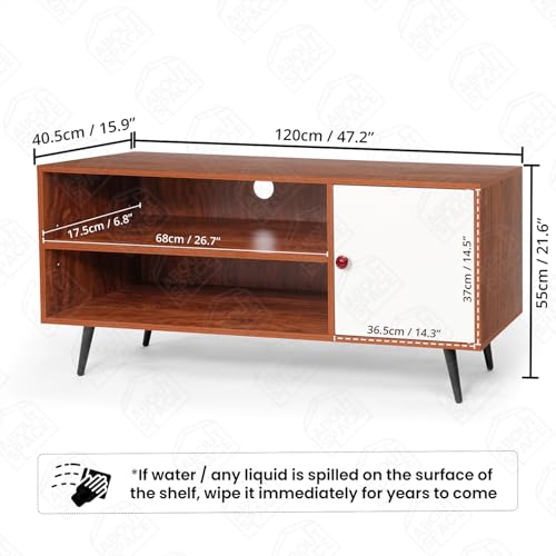 Image of ABOUT SPACE TV Unit - Engineered Wooden TV Stand Table with Cable Hole, Cabinet with Door, Adjustable Shelf for WiFi Router Stand for Living Room, Bedroom (White & Oak Red - L 120 x B 40.5 x H 55 cm)