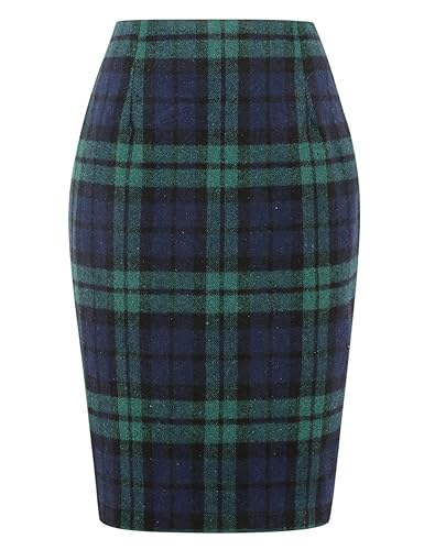 Green Plaid Skirts for Women Fall Winter High Waisted Bodycon Midi Wool Knee Length Skirt with Slit(Green, M)