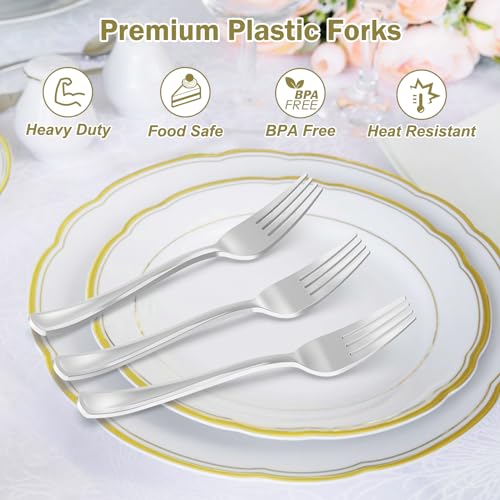 image for Dealusy 100 Count Heavy Duty Silver Plastic Forks Disposable, BPA-Free