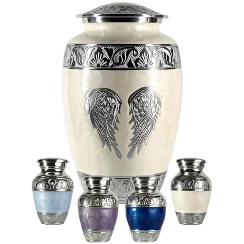 Evergreen Memorials - Large Pearl White Cremation Urn with 4 Keepsakes for Human Ashes - Handcarved Decorative Urns for Adult Ashes Women & Men… Cover