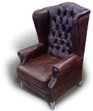 Casa Padrino sillón orejero Chesterfield de Lujo en Cuero marrón/Gris - Sillón Chesterfield en Cuero Genuino - Muebles de salón - Muebles Chesterfield - Muebles Cuero Genuino - Muebles de Lujo