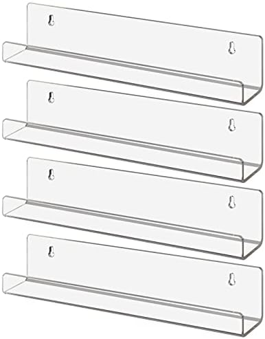 LileZbox Clear Floating Shelves, Wall Mounted Acrylic Invisible Bookshelf, Storage Shelves Display Organizer on kids room, Bathroom, kitchen, bedroom (4, 34.8 X 5.8 CM)