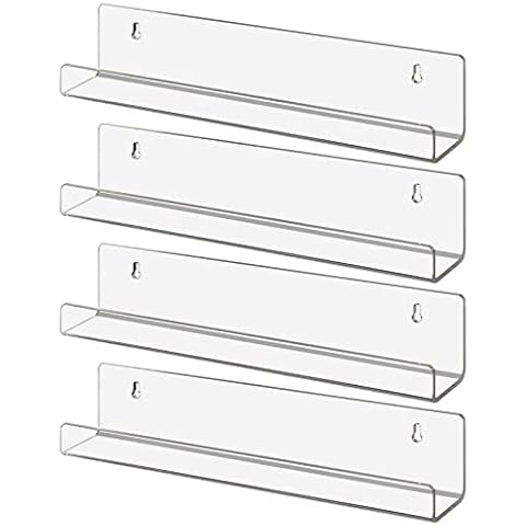 LileZbox Clear Floating Shelves, Wall Mounted Acrylic Invisible Bookshelf, Storage Shelves Display Organizer on kids room, Bathroom, kitchen, bedroom (4, 34.8 X 5.8 CM) Cover