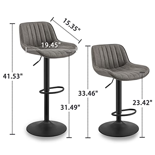 Volans Bar Stools Set Of 4, Mid Century Modern Faux Leather Swivel Adjustable Height Bar Stool, Counter Height Pub Bar Chair With Back, Black Powder Coated Base, Gray #TOP1