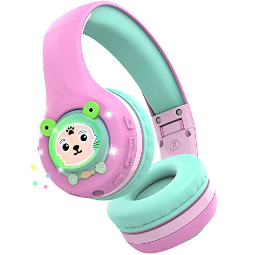 Riwbox Kids Bluetooth Headphones, Baosilon Fb-7S Frog Kids Toddler Headphones For School With Mic, 75/85/95Db Volume Limited Light Up Wireless Headphones Over Ear For Girls (Pink&Green) #TOP7