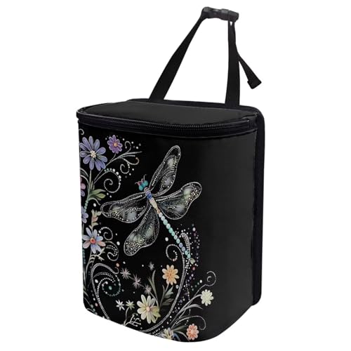 Image of Talayituse Dragonfly Flower Print Car Trash Can with Lid, Leak Proof Auto Trash Bag Hanging Vehicle Garbage Can Multipurpose Storage Container for Back Seat Road Trip