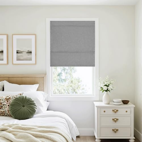 RYB HOME 100% Blackout Roman Shades for Windows, Linen Fabric No Drill Blind with Adhesive Tape, Thermal Insulation Cordless Roman Blind for Bedroom Window/French Door, W26xH64, Grey, 1 Panel