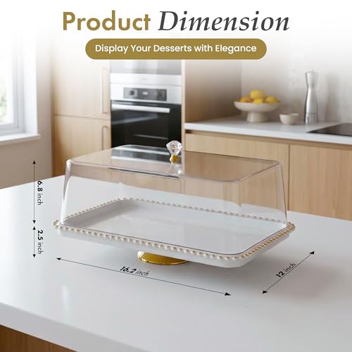 Basicwise 16" Rectangular Cake Stand Dessert Serving Platter with Clear Tray and Cover Gold Pedestal Base Beaded Edge Display for Cakes Pastries & Cupcakes Ideal for Weddings & Special Occasions by Basicwise - Image 3