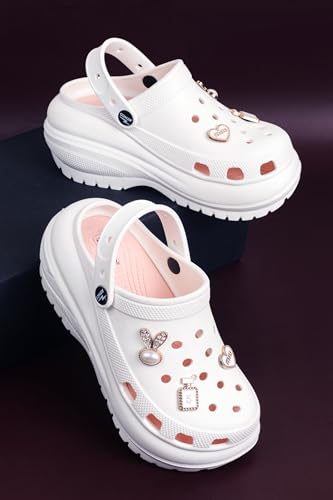 Image of ATHCO Roxxie Clogs For Women's|Girl's| Dual-Color Soft EVA Cushioned With Massage Footbed|Easy Wear with Adjustable Back Strap|Lightweight Platform Heels|Flexible|Breathable|Extra Soft Comfortable Anti-Skid Casual Mule|All-Season|Summer|Monsoon|Rain|Winter|Waterproof|Casual Slip-On Sandal with Cute Charms & Chunky Design|Indoor & Outdoor Wear|Trendy|Fashionable|Stylish|Shoes
