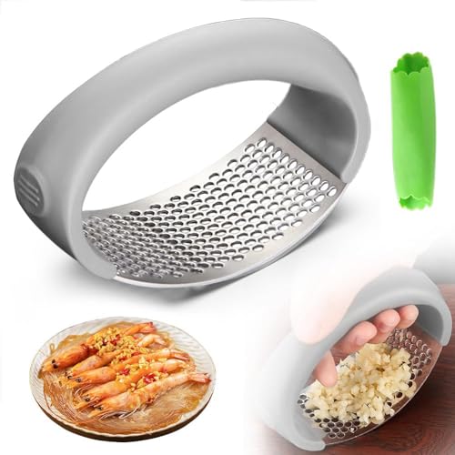 Garlic Press Rocker - 2024 Newest Stainless Steel Crusher, Cooking Utensil Slicer for Chopped Vegetables (Grey)