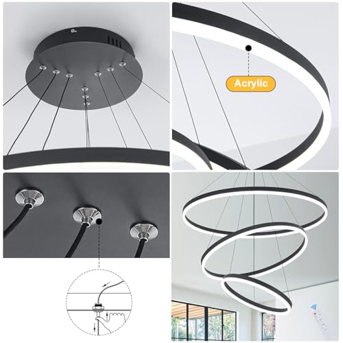 HASTHIP® LED Pendant Light, 3 Rings Ceiling Light, with Dimmable and Adjustable Color Chandelier Lamp, with Remote Ceiling Lights for Living Room for Dining Room Bedroom Hallway (Black)