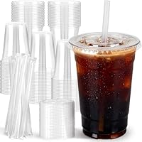 Lideropa 100 Pack 16oz Clear Plastic Cups with Lids and Straws