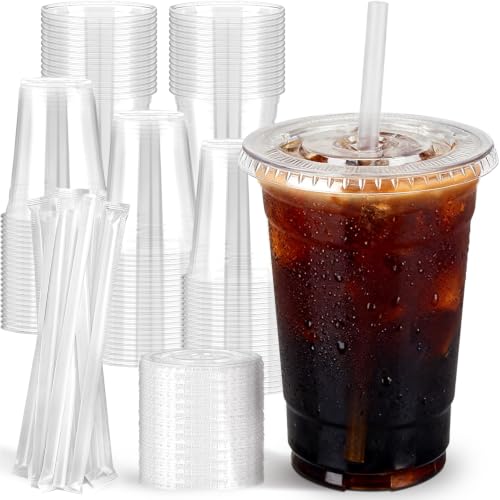 Lideropa 100 Pack 16oz Clear Plastic Cups with Lids and Straws
