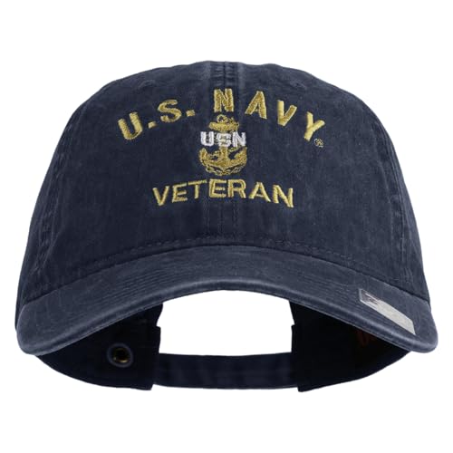 USN Veteran Military Embroidered Washed Solid Pigment Dyed Cotton Twill Brass Buckle Cap - Navy OSFM