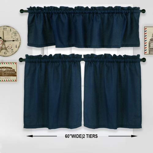 Nanan Cafe Curtains 24 Inch Length With Valance, Kitchen Curtains Set Waffle Weave Textured, Waterproof Bathroom Curtains Window Treatment, Cafe Cutains Tier And Valances(Navy Blue, 60"*24"+15") #TOP6