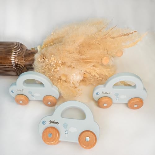 minipishop® Baby Geschenk personalisiert Junge Spielzeug Holzauto Blau I Erstes Auto mit Namen als Geschenkidee zur Geburt Holzspielzeug ab 1 Jahr