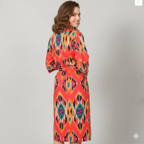 Image of Hand Block Print 100% Cotton Waffle Fabric Multicolor Bathrobe For Women's Ultra-Soft & Lightweight After Bath Spa Bathrobe | Highly Absorbent