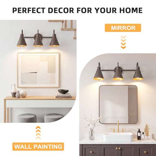 AMRUIPO Bathroom Vanity Light Fixture 3-Light Farmhouse Bathroom Light Fixtures Over Mirror, Oil Rubbed Bronze Rustic Gooseneck Barn Style 3 Bulb Wall Sconce Over Kitchen Sink,Hallway, Cabinet by AMRUIPO - Used condition - Image 5