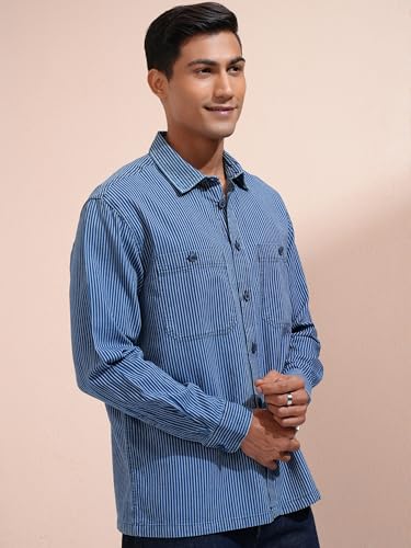 Image of Locomotive Premium Men Washed Dobby Textured Utility Pocket Oversized Over Shirt Blue