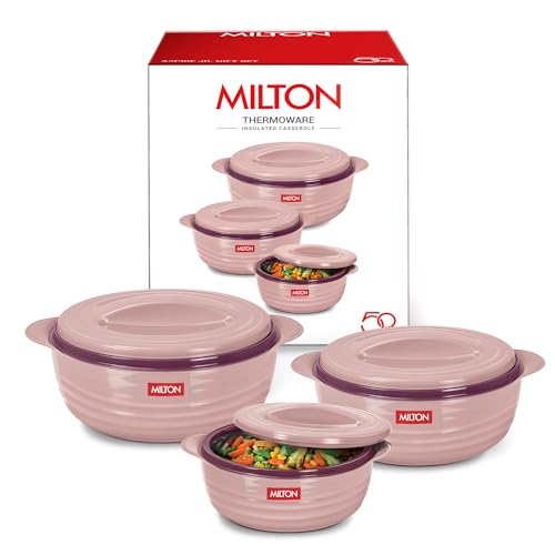 MILTON Aspire Jr. Set of 3 Serving Casserole Double Walled Inner Stainless Steel, (350ml, 720ml,1050 ml), PU Insulated Kitchen Hot Pot, Keeps Food hot