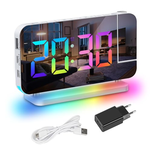 Exmate Réveil à Projection, Réveil Projecteur LED RGB Coloré, Horloge numérique Affichage Auto Dimming Volume Réglable avec projecteur Rotatif à 180°, veilleuse, 2 USB C (Blanc avec Adaptateur