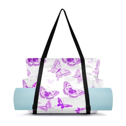 Lxqimora Butterflies Elegant White Yoga Mat Bag for Women Water-Resistant Gym Bag with Yoga Mat Holder Tote Bag for Pilates Gym Yoga Travel