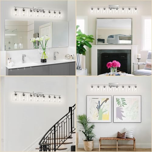 Image of Modern Brushed Nickel 8 Light Bathroom Light Fixtures,52 inch Vanity Lights for Bathroom with Clear Glass, Bathroom Light Fixture for Mirror Kitchen Living Room Hallway Cabinet Porch