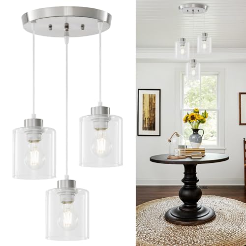 ROCUNSI 3-Light Brushed Nickel Pendant Light Fixture, Anti-Rust Dining Room Hanging Lights, Modern Chandelier Ceiling Lighting for Kitchen Island, E26 Base,Bulbs Not Included