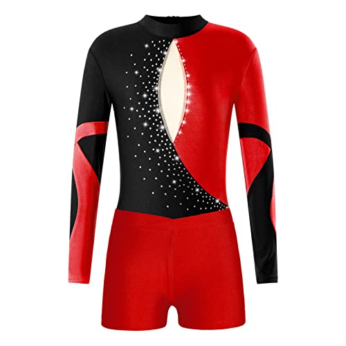 Kids Girls Shiny Rhinestone Long Sleeve Gymnastic Leotard with Sports Shorts Ballet Dance Outfit Tracksuit Dancewear3