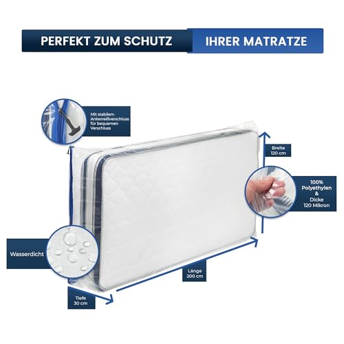 ASK Pack Matratzenschutzhüllen mit Anker-Reißverschluss - Größen von XS bis XXL, Wasserdicht, Reißfest, Ultra Starkes Material bis zu 120 mikron - Ideal für Umzug, Lagerung und Transport - 120x200 cm