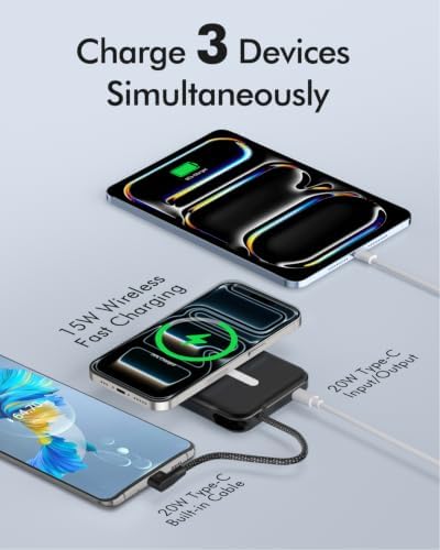 for Magsafe Power Bank 5000mAh, Slim Magnetic Portable Charger | Built-in USB-C Cable, Travel Essentials 20W PD Fast Charging, Wireless Battery Pack for iPhone 17/16/15/14/13/12 Series