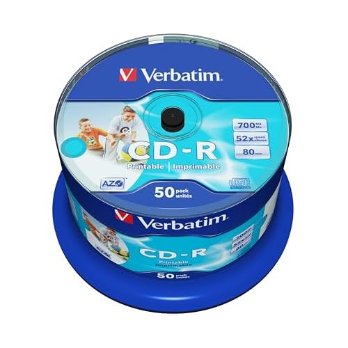Verbatim CD-R AZO Wide Inkjet Printable 700 MB I 50er Pack Spindel I CD Rohlinge I 52-fache Brenngeschwindigkeit mit langer Lebensdauer I leere CDs bedruckbar I Audio CD Rohling