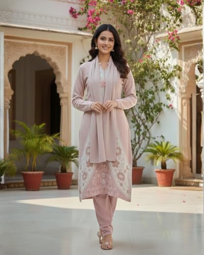 Image of KTI Full Sleeve Knee Length Floral Design Woolen Fabric 3 PC Kurti Set for Women Art NO-94164