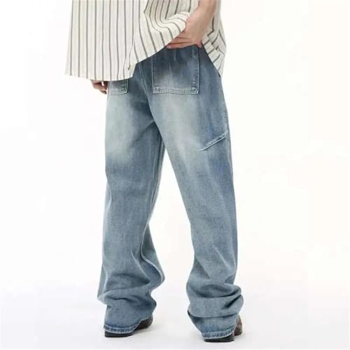Men Patchwork Jeans Washed Loose Fit Wide Leg Straight Casual Trousers High Waist Denim Pants3
