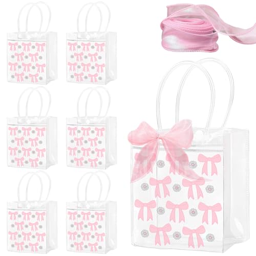 LIUBUJINGYING 24 Pcs Pink Bow Clear PVC Gift Bag with Handle Ribbon,Coquette Bowknot Plastic Gift Bag Reusable Candy Treat Tote Gift Wrap Bags Party Favor Bag for Wedding Bridal Baby Shower Birthday