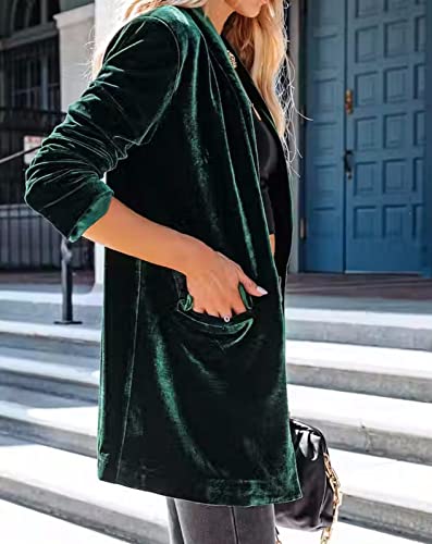 Kedera Women's Solid Long Sleeve Velvet Blazer Jacket Suit Open Front Office Cardigan Coat With Pockets Outerwear Green #TOP2