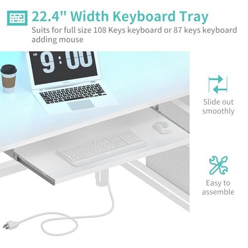 Image of Lufeiya Gaming Desk with LED Lights and Power Outlets, 47 Inch Home Office Desks with Keyboard Tray, White Computer Desk with File Drawers Cabinet, Writing Table PC Desks with Monitor Stand, White