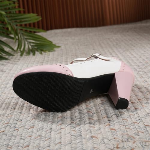 Women's Mary Jane Oxford Two Tone Pumps Vintage Round Closed with Ankle Strap Cute Low Kitten Heels Classic Cut-Out Tango Party Office Lady Pumps Dress Shoe4
