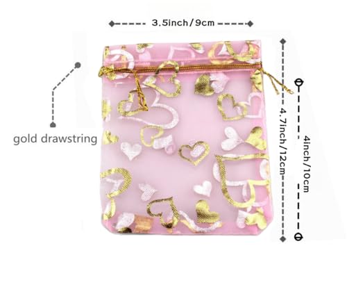 Image of 100 pcs 3.5 x 4.7 Inch Flower Heart Organza Jewelry Gift Pouch Candy Pouch Drawstring Wedding Favor Bags X92 (pink gold heart)