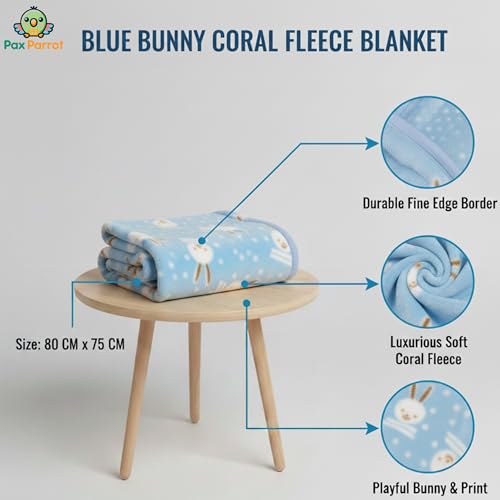 Image of Ultra-Soft Baby Hooded Blanket | Newborn Baby Wrapping | Coral Fleece Material Hypoallergenic | Towel Cum Blanket with Teddy Design (0-3Years) (Light Blue)