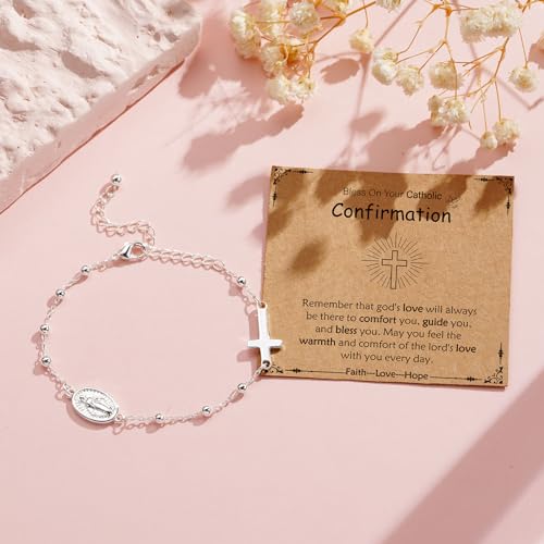 Catholic Virgin Mary Cross Bracelet Gifts for Girls Teens Women, Rosary Beads Charm Link Chain Bracelet Christmas Christian Religious Jewelry Gifts