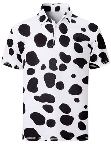 Funny World Men's Dalmatian Print Shirt Polo Funny Golf Shirt Short Sleeve Dog Dalmation Print Casual Top for Adults, Large, Black/White