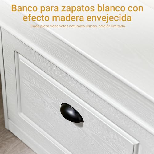 Miniatura 5 de Sobuy Zapatero Entrada Recibidor Con Cajón Banco Zapatero Con Asiento Y Almacenaje Compacto Puff Para Recibidor, Dormitorio O Salón, Efecto Madera Envejecida Blanca 61x24x54cm Fsr82-K-Wg