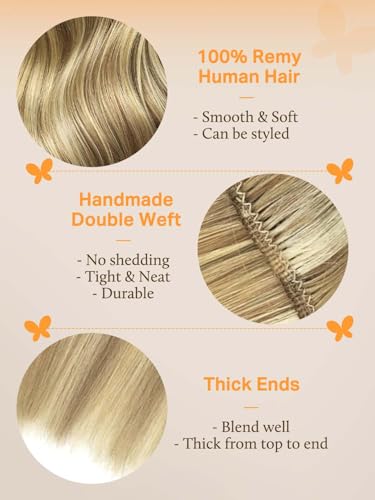 Image of DOORES Sew In Hair Extensions Real Human Hair, Light Blonde Highlighted Golden Blonde 20 Inch 100g, Hand Made Sew In Weft Extensions Thick