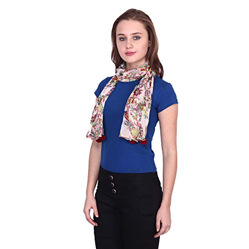 Image of POPWINGS Casual Yellow Printed Chiffon Scarf with pom-pom work